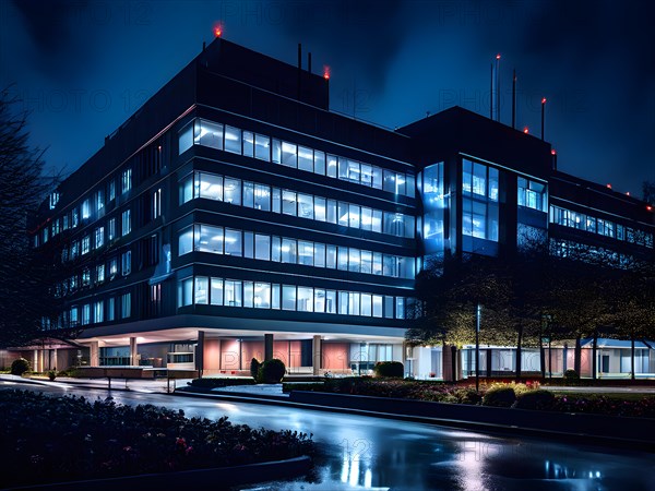 Modern hospital complex at night with lights in various windows, AI generated, modern, architecture