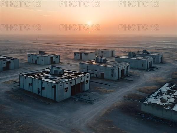 Aerial view of deserted military base featuring empty barracks and abandoned tanks in silent, AI generated