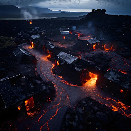 Lava engulfing an abandoned village homes succumbing to fiery devastation, AI generated