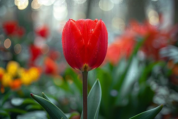 Close-up of a solitary red tulip with dew drops on its petals against a soft bokeh background, AI generated