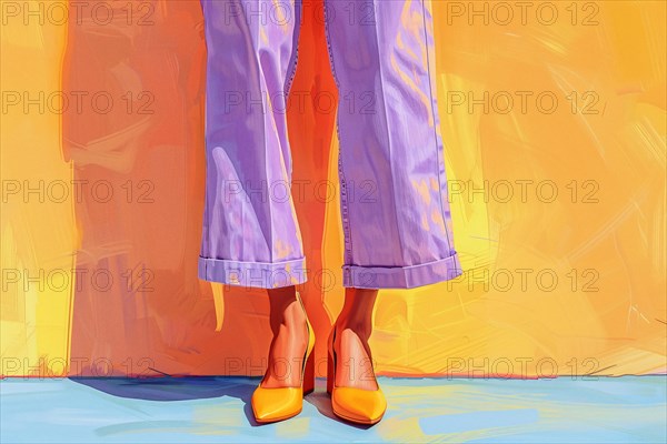 Bold fashion statement with orange heels, purple pants, and a contrasting yellow wall, AI generated