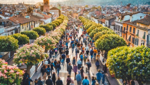 Top view of a crowded street lined with trees on a sunny day, capturing the bustle of city life, rush hour commuting time, sunset, blurry cityscape, bokeh effect, AI generated