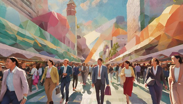 Artistic urban setting filled with pedestrians and colorful, geometrically abstracted buildings, low poly style, AI generated