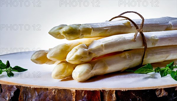 White asparagus served on a rustic wooden stump, simple natural appearance, fresh white asparagus, KI generated, AI generated