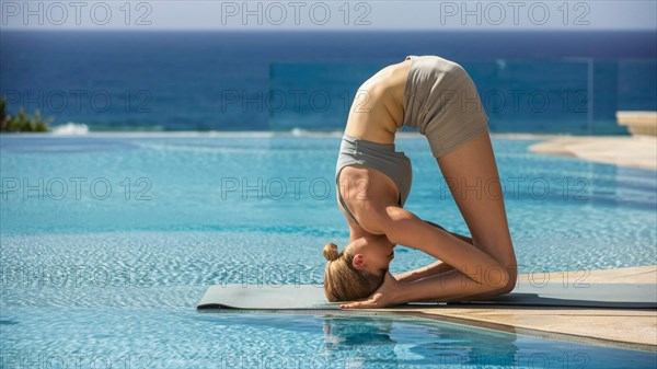 Woman doing a yoga backbend on a pool mat, displaying flexibility and relaxation, AI generated