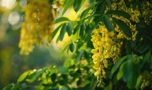 Laburnum flowers contrasting against green foliage AI generated