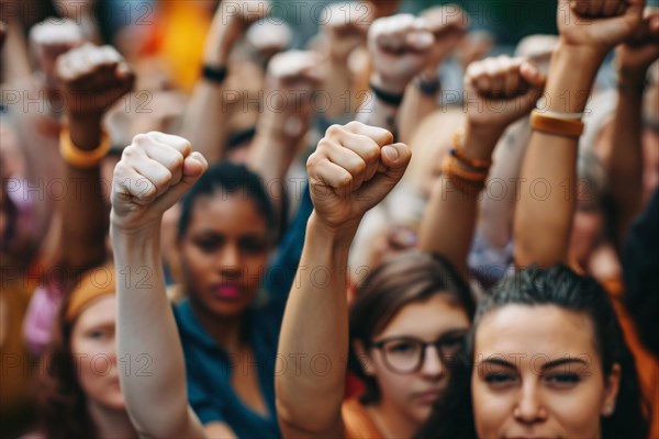 Young women with raised fists. KI generiert, generiert, AI generated