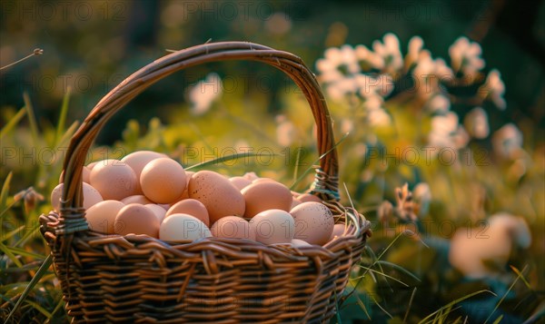 A basket filled with freshly gathered farm eggs AI generated