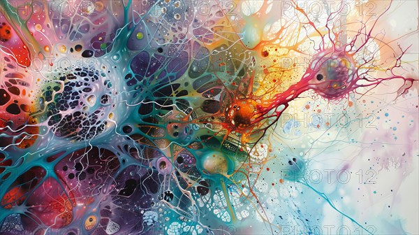 Abstract fluid art with vibrant, organic cell-like shapes in a multitude of colors, ai generated, AI generated
