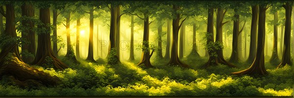 AI generated illustration of tranquil woodland composition awash in layers of diverse green tones sunlight spiraling and flickering