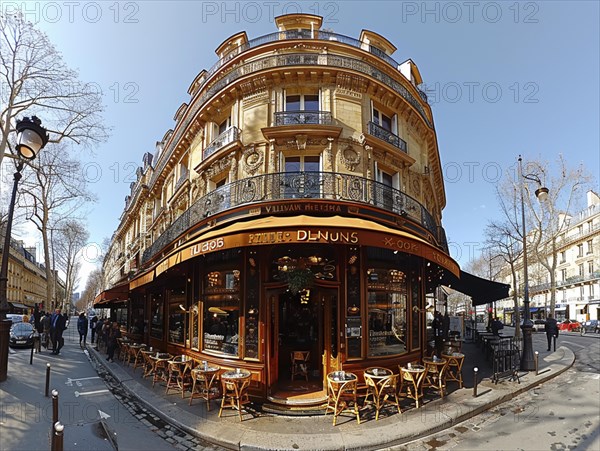 Ein typisches Pariser Cafe-Eckhaus, aufgenommen mit einer Fischaugenlinse, Lifestyle in Paris, Frankreich, AI generiert, AI generated