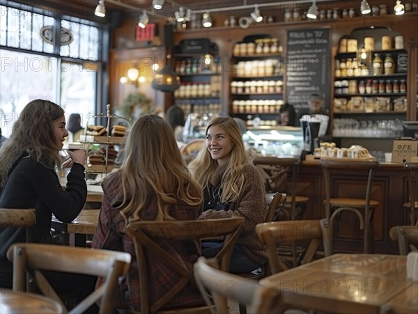 Zwei Freundinnen geniessen ein Gespraech bei Kaffee in einem Cafe mit rustikalem Charme, Lifestyle in Paris, Frankreich, AI generiert, AI generated