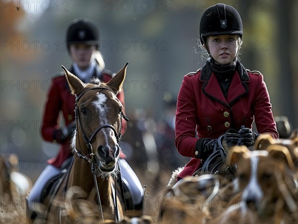 Traditional fox hunting with traditional clothing in England on horseback with dogs over hill and dale, AI generated