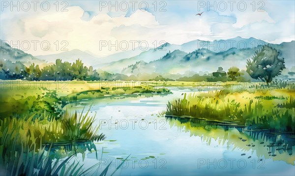 A watercolor illustration of valley with calm river flowing through verdant fields AI generated