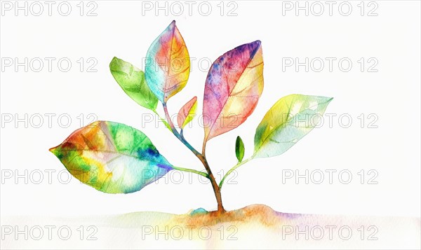 Bright watercolor tree sprout on white background AI generated