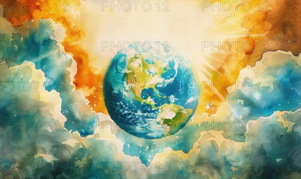 Watercolor illustration of the Earth globe with clouds and sun rays in the background AI generated