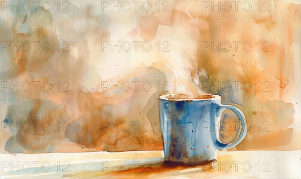Watercolor painting of a coffee mug with steam rising AI generated