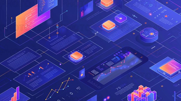 Isometric technology-themed graphic with glowing 3D elements in purple and blue, ai generated, AI generated