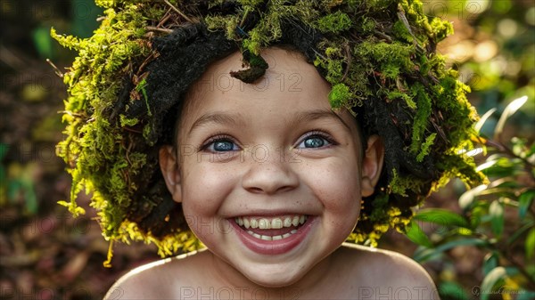 Happy child outdoors with sunlight touching their mossy hair, moss growing and thriving, creating a mystical and enchanting effect, against a green backdrop, earth day concept, AI generated