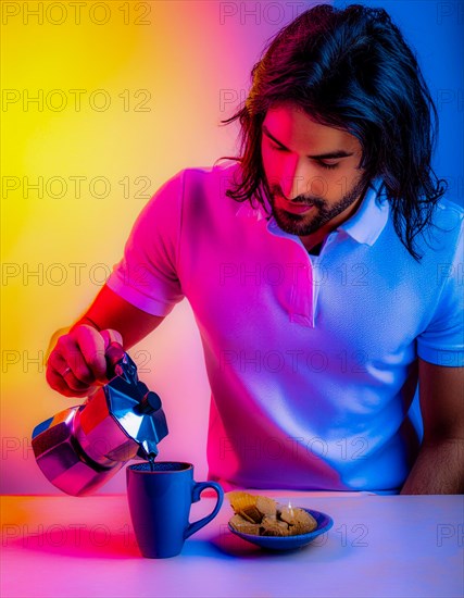 Man with a moka pot illuminated by colorful neon lights preparing coffee, Vertical aspect ratio, AI generated