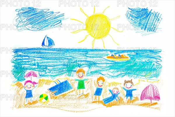 Beach scene bathing holiday by the sea, drawing with coloured pencils by a child of preschool age, primary school age, AI generated, AI generated, AI generated