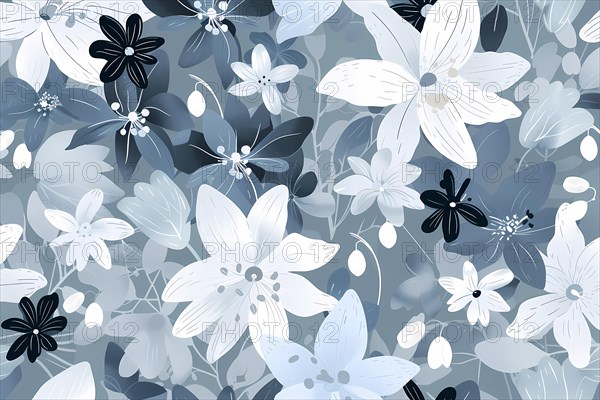 Layered illustration of blue and white transparent flowers with a soft feel, illustration, AI generated