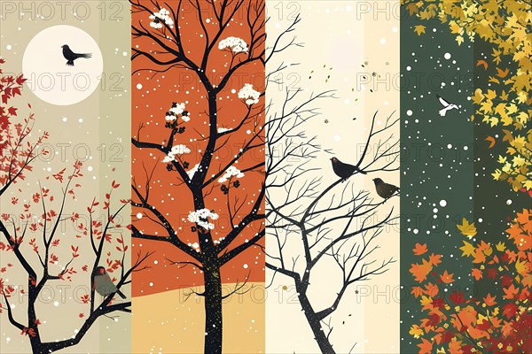 Artistic illustration depicting the cycle of seasons through colorful trees and birds, illustration, AI generated