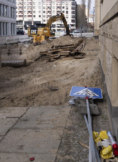 Construction site at the tram track bed in Berlin-Mitte, Germany, Europe