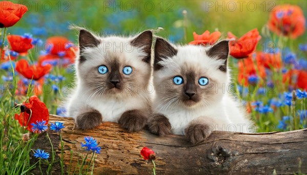 KI generated, animal, animals, mammal, mammals, cat, felidae (Felis catus), two kittens lying in a green meadow with flowers