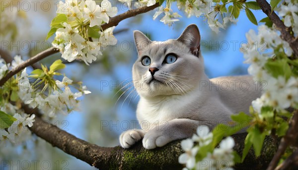 AI generated, animal, animals, mammal, mammals, cat, felidae (Felis catus), a cat resting on a tree, tree blossom, spring, summer