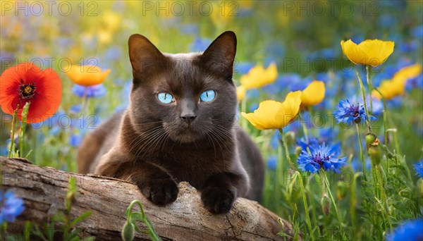 KI generated, animal, animals, mammal, mammals, cat, felidae (Felis catus), lying in a meadow with flowers, cornflowers, poppies