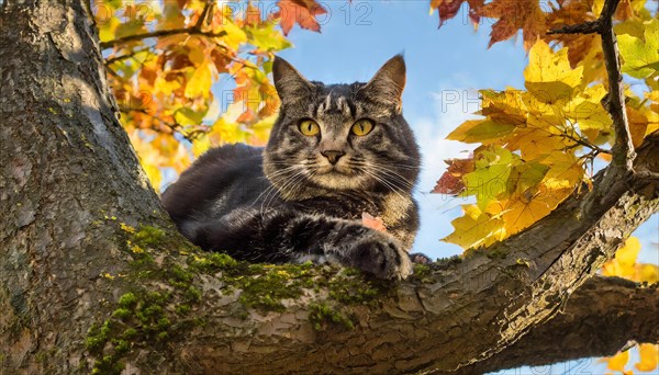 AI generated, animal, animals, mammal, mammals, cat, felidae (Felis catus), a colourful American Forest Cat, resting in a tree, autumn, autumn leaves