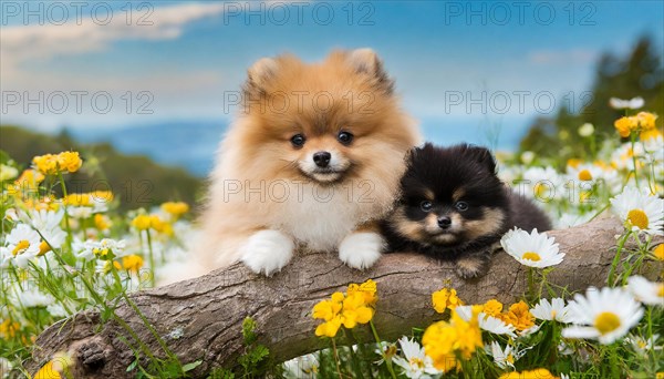 Ai generated, animal, animals, mammal, mammals, a, single animal, dwarf spitz, Spitz, (Canis lupus familiaris), dog, dogs, bitch, Pomeranians, a bitch and a puppy lying on a tree trunk in summer, flower meadow