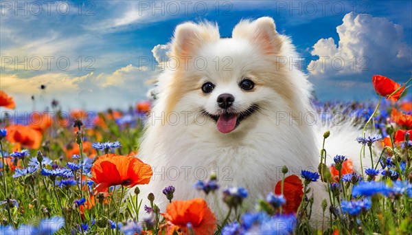 KI generated, animal, animals, mammal, mammals, one, single animal, dwarf spitz, Spitz, (Canis lupus familiaris), dog, dogs, bitch, Pomeranians, flower meadow with poppies and cornflowers