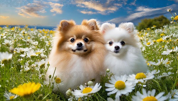 Ai generated, animal, animals, mammal, mammals, a, single animal, dwarf spitz, Spitz, (Canis lupus familiaris), dog, dogs, bitch, Pomeranians, bitch and puppy lying in a flower meadow