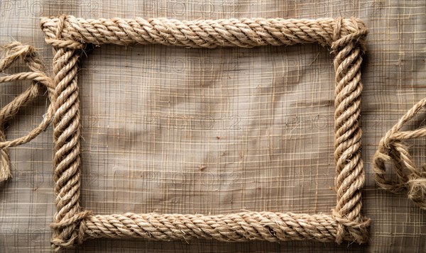Delicate jute frame on minimalistic natural material, space for text, ecology nature background AI generated