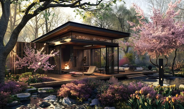 A modern wooden cabin with a cozy fireplace, surrounded by vibrant spring blossoms and lush vegetation in a garden oasis AI generated