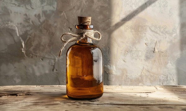 Amber glass bottle mockup containing premium organic oil, beauty care produce background AI generated