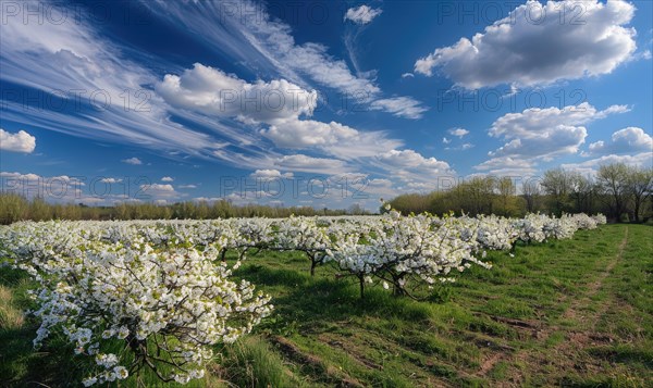 Blue skies over a blooming orchard AI generated