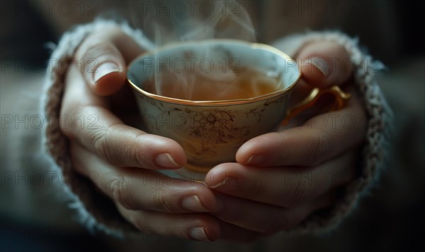 Hands holding a cup of steaming tea, close up view AI generated