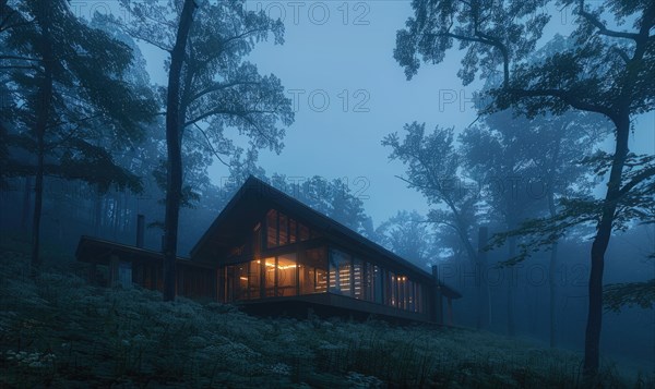 Morning mist enveloping a contemporary wooden cabin hidden deep within a spring garden filled with blooming irises and lilies AI generated