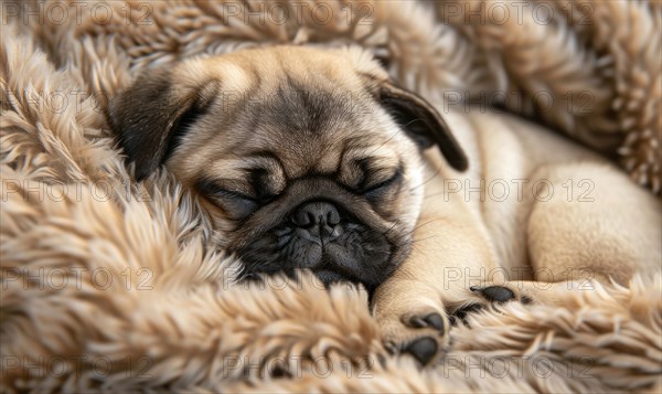 Sleepy pug puppy curled up in a soft bed AI generated