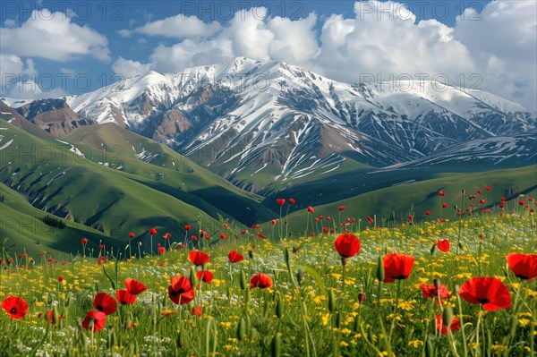 A breathtaking view of a snow-capped mountain surrounded by lush green hills, adorned with vibrant red poppies and yellow wildflowers under a clear blue sky, AI generated