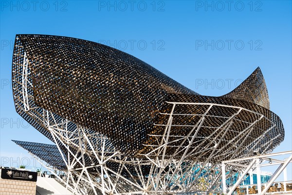 Sculpture of a fish by Frank Gehry on the beach in Barcelona, Spain, Europe