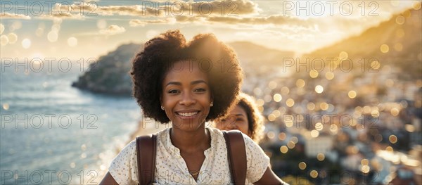 Happy women on a seafront enjoying the sunset, shared joy, one in a wheelchair, AI generated