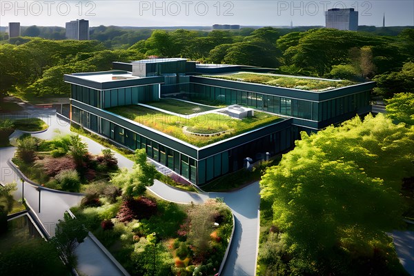 Aerial view of a modern hospitals green roof designed as a therapeutic garden, AI generated, modern, architecture