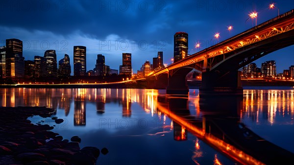 City bridges come alive under the glow of car headlights water underneath reflecting the luminescence, AI generated