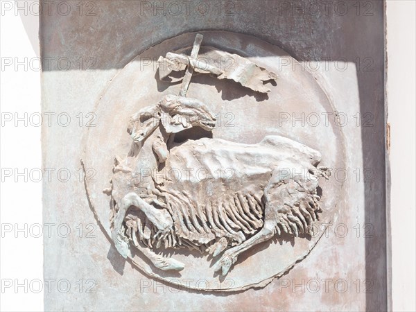 Sculpture with religious motif, Stella Maris church, Porto Cervo, Costa Smeralda, Sardinia, Italy, Europe