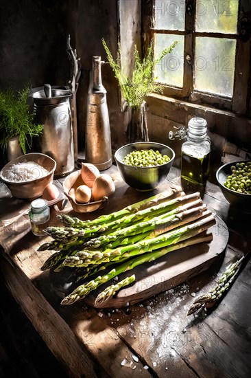 Green asparagus in a rustic farmhouse kitchen, AI generated, AI generated