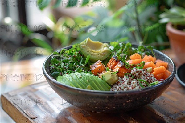 Colorful salad bowl with avocado, carrots, seeds, and green leaves on a wooden table, AI generated